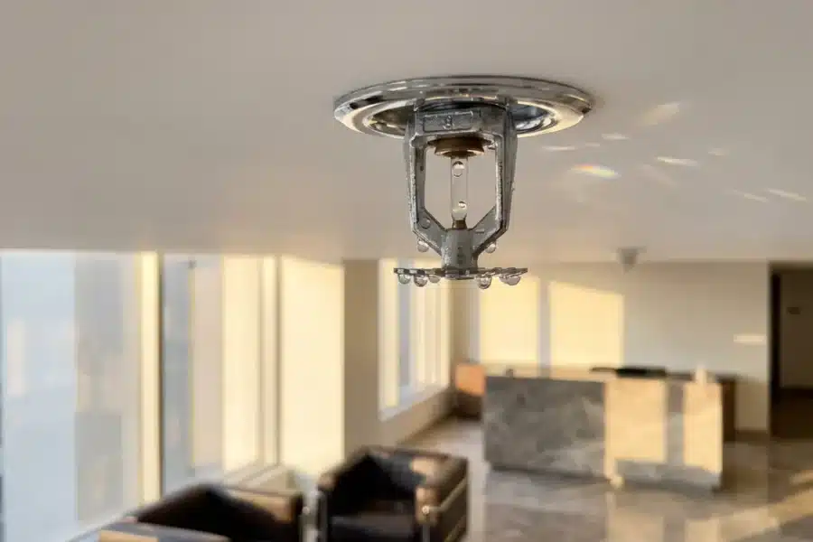 Chrome sprinklerinstallatie aan wit plafond boven elegante kantoorruimte met leren meubels en marmeren vloeren
