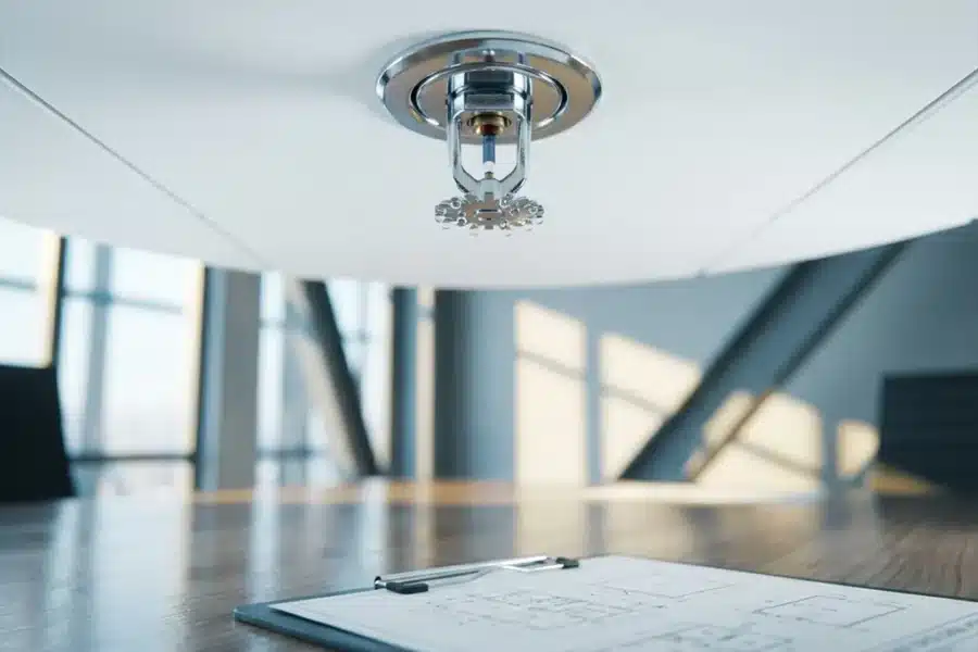 Chrome sprinklerinstallatie aan wit plafond met waterdruppels, klembord met technische documentatie op vergadertafel