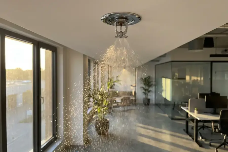 Chrome sprinklerinstallatie op wit plafond sproeit fijne waternevel met regenboogrefracties in modern kantoor