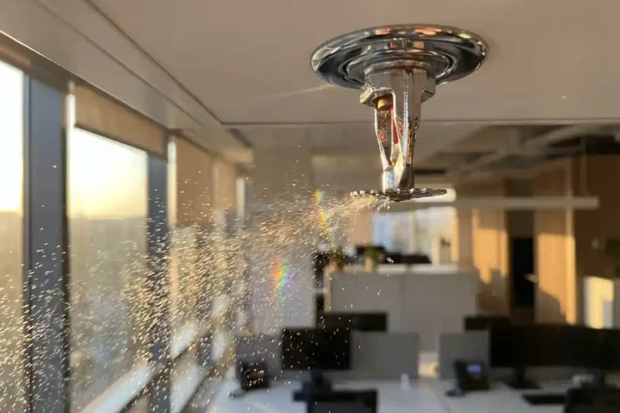 Chrome sprinkler activeert op wit plafond met waterdruppels die regenboogprisma's creëren in warm kantoorlicht