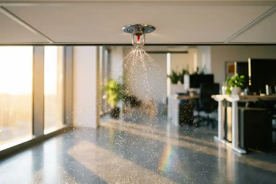 Chrome sprinklerinstallatie verspreidt fijne waterdruppels op wit kantoorplafond met gouden lichtreflecties