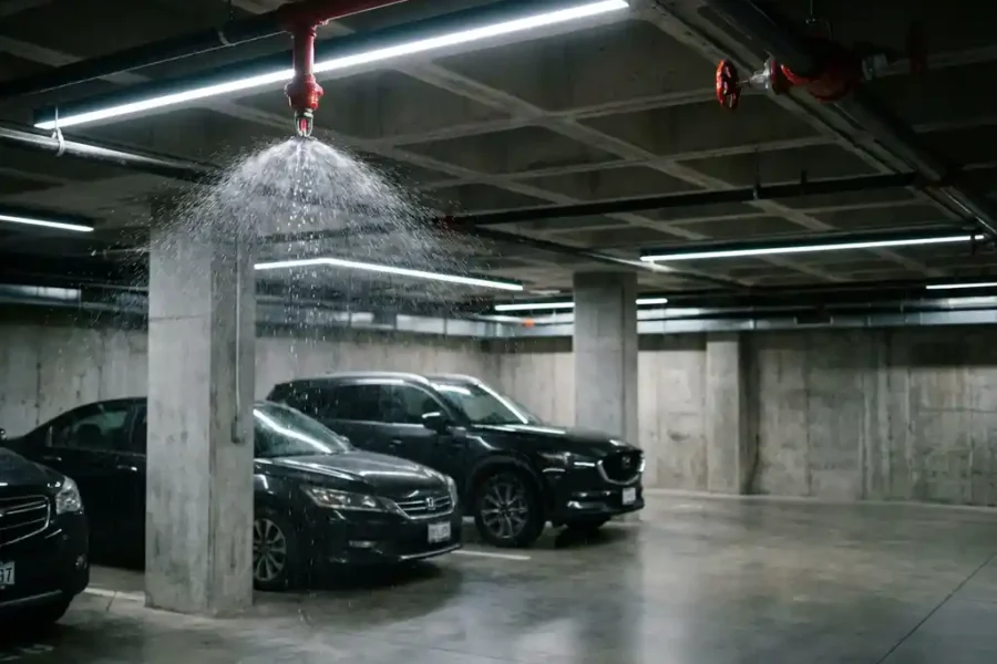 Ondergrondse parkeergarage met rode sprinkler die water verspreidt over geparkeerde auto's, LED-verlichting en betonnen pilaren
