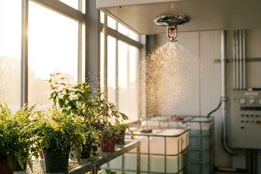 Chrome brandsprinkler op wit plafond sproeit regenwater druppels op groene bladeren, gouden licht door ramen