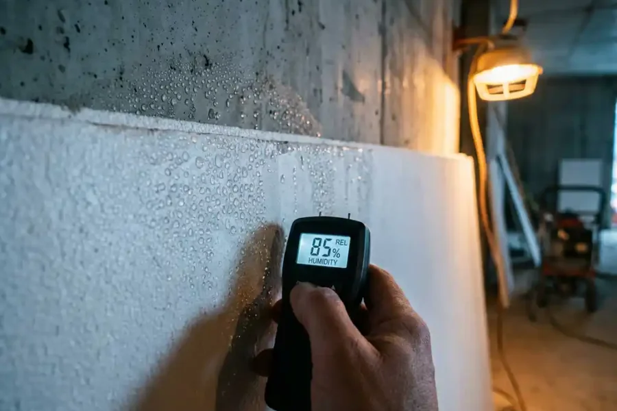 Vochtdruppels op wit brandwerend paneel met vochtmeter die condensatie meet tegen betonnen muur