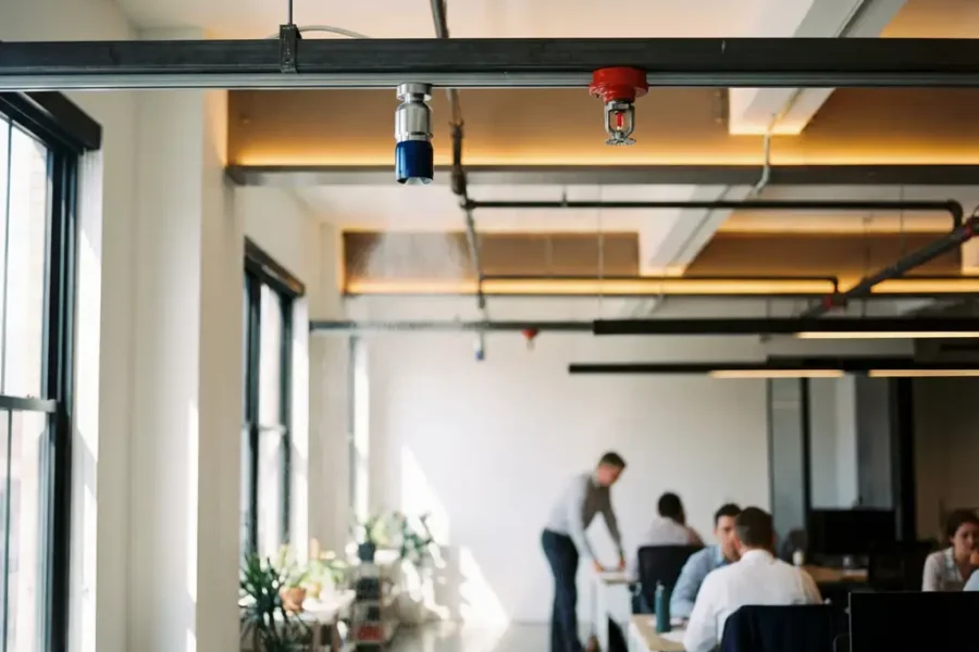 Moderne waternevel sproeikop en traditionele rode sprinkler aan industrieel plafond in kantoorruimte met betonvloer