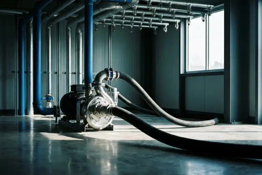 Chrome waterpomp met zwarte slangen aangesloten op sprinklerinstallatie in modern commercieel gebouw