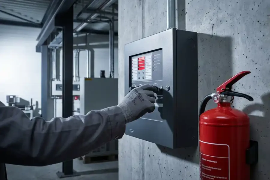 Technicus in handschoenen stelt brandmeldcentrale af naast rode brandblusser op betonnen muur in industriële omgeving.