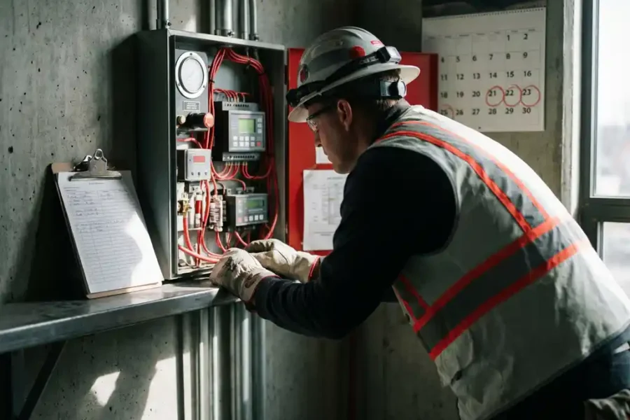 Brandveiligheidsinspecteur in hesje controleert sprinklerinstallatiepaneel op betonnen muur met klembord.