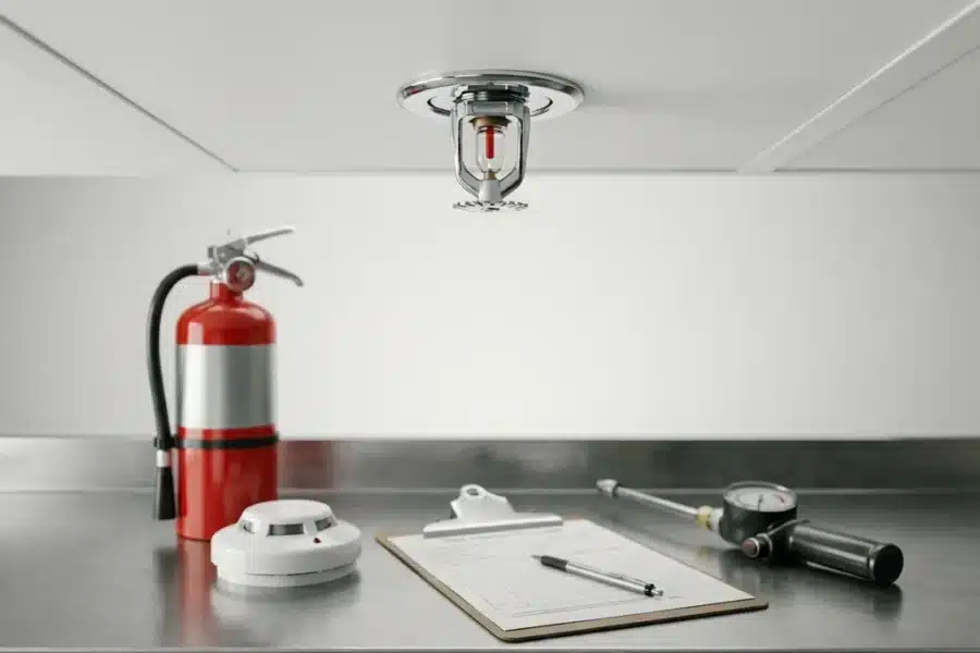 Chromen sprinklerkop op wit plafond, met brandblusser, rookmelder en inspectieklembord op industrieel oppervlak.