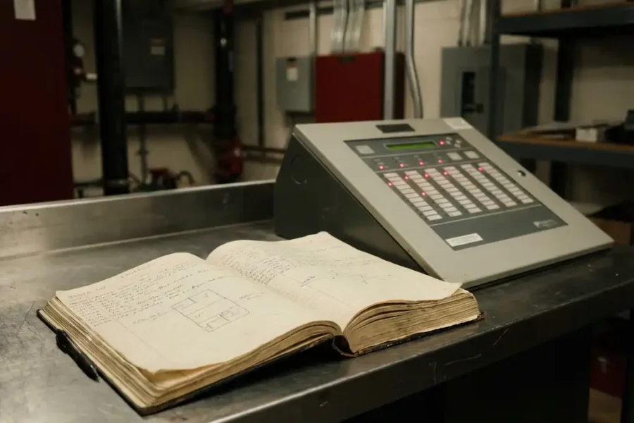 Opengeslagen inspectieboek met handgeschreven brandmeldingslogboek naast een brandalarmcentrale met rode indicatielampjes.