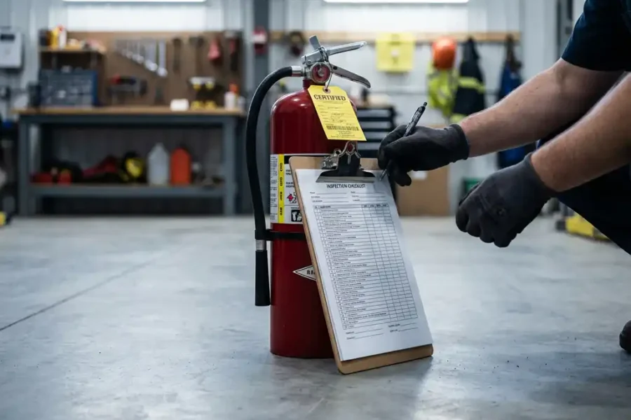 Brandblusser op werkvloer met inspectiechecklist op klembord en gehandschoende technicus die controle uitvoert.