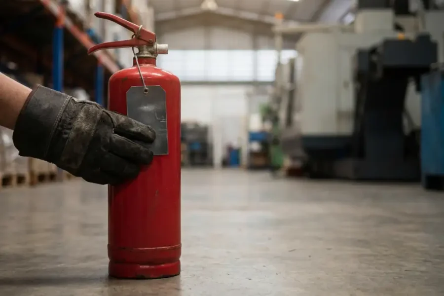 Brandblusser op betonnen vloer met gehandschoende technicus die inspectietag bevestigt in industriële omgeving.