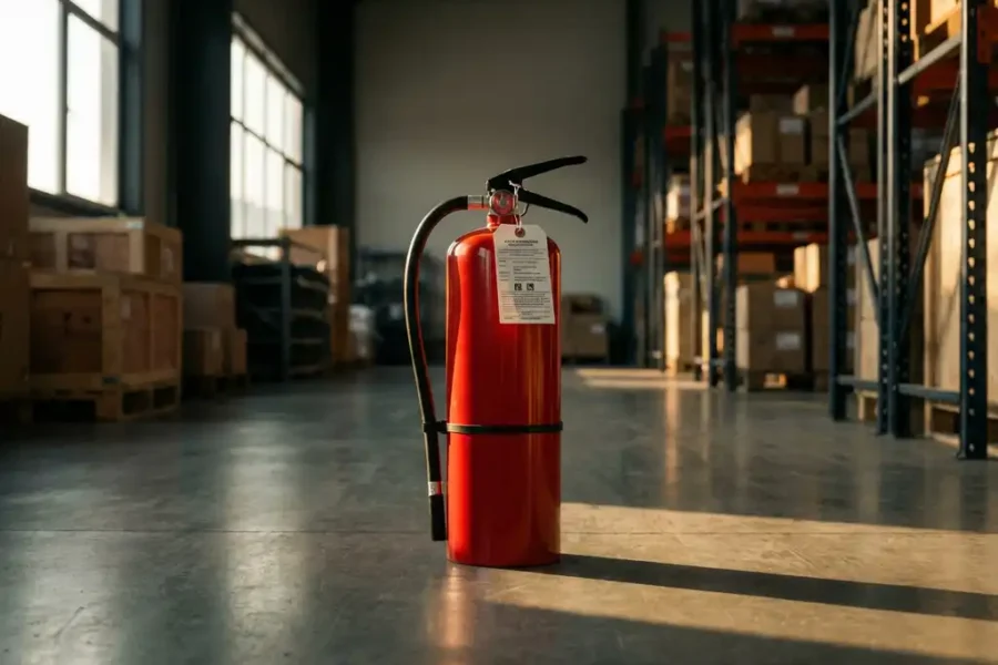 Rode brandblusser met inspectielabel op gepolijste betonvloer in industrieel magazijn met stalen stellingen op de achtergrond.