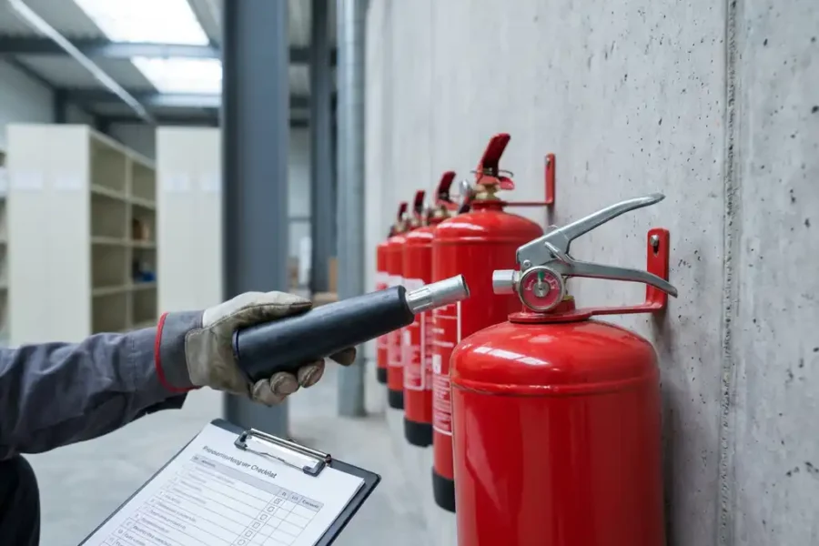 Rode brandblusser geïnspecteerd op industriële betonnen muur, klembord met checklist op de grond, stalen balken op achtergrond.