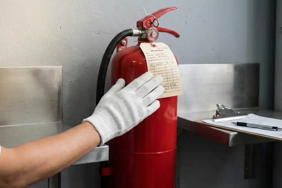 Technicus met witte handschoen die inspectielabel controleert op rode brandblusser aan industriële muur.