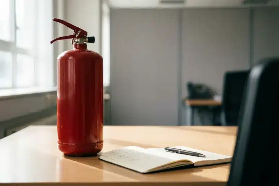 Rode brandblusser op kantoorbureau naast een open notitieboek en pen, zacht natuurlijk licht.