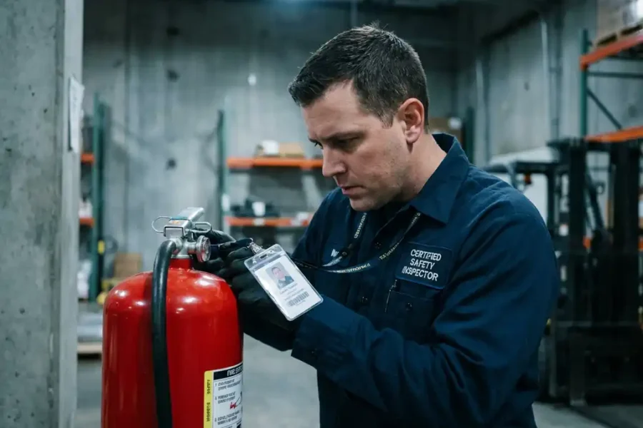Gecertificeerde brandblusinspecteur in marineblauw uniform inspecteert rode brandblusser in industriële omgeving.