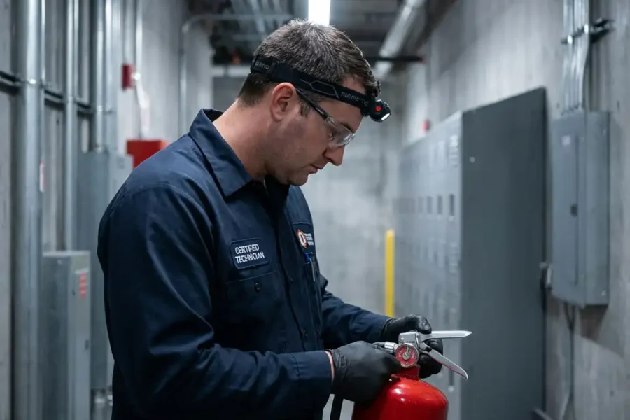Gecertificeerde technicus in marineblauw uniform inspecteert drukmeter van rode brandblusser in industriële gang.