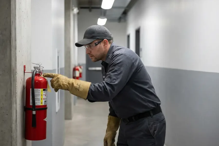 Gecertificeerde technicus inspecteert drukmeter van rode brandblusser in industriële gang.