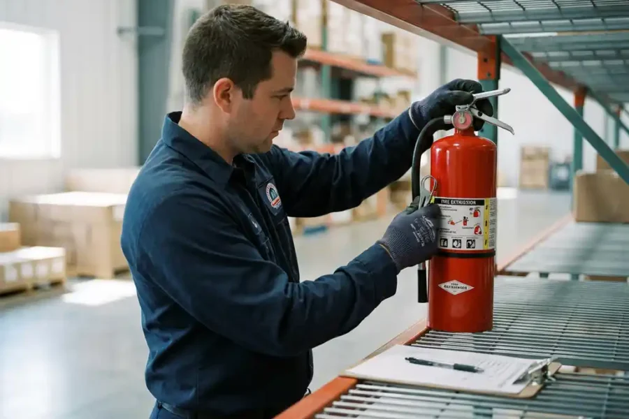 Gecertificeerde technicus in marineblauw uniform inspecteert rode brandblusser met drukmeter in magazijn.