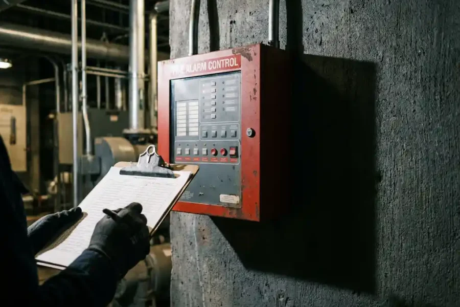 Technicus met inspectiechecklist naast een rood brandmeldpaneel op betonnen muur in industriële omgeving.