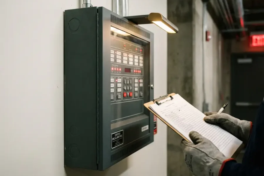 Brandmeldcentrale op witte wand met gehandschoende technicus die inspectieklembord vasthoudt in industriële gang.
