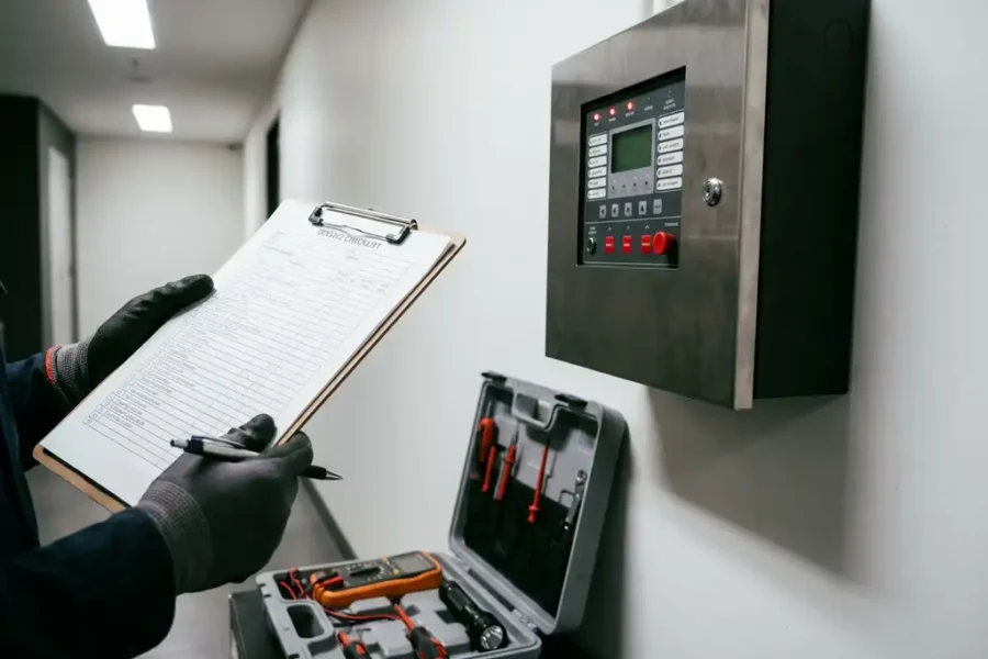Brandmeldcentrale op witte muur met gehandschoende technicus die inspectielijst op klembord vasthoudt en professioneel gereedschap op grijze koffer.