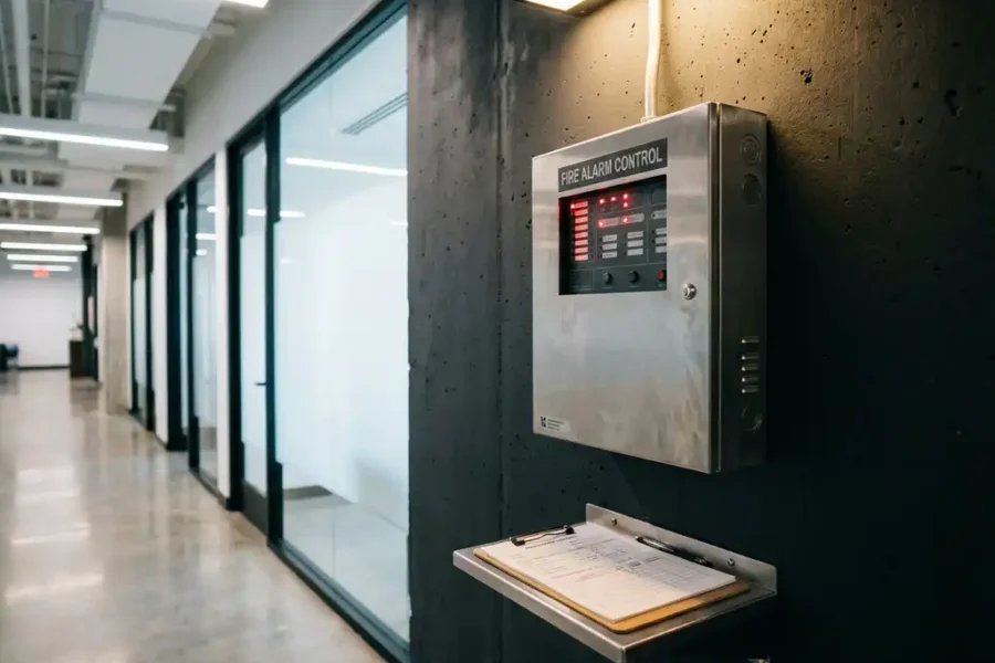 Brandmeldcentrale op betonnen muur in commercieel gebouw, rode indicatielampjes aan, klembord met inspectiedocumenten eronder.