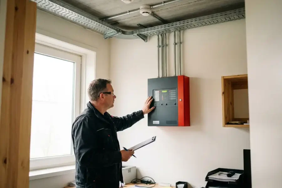 Technicus inspecteert brandmeldcentrale op kantoor, klembord in hand, rookmelders zichtbaar aan plafond.