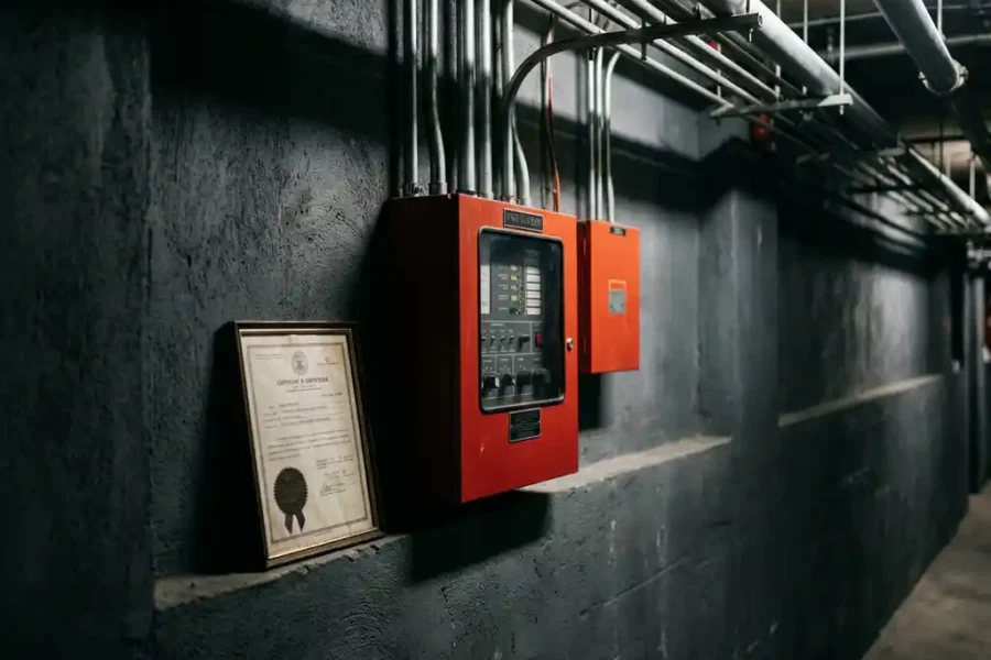 Brandmeldcentrale op betonnen muur in industriële gang met officieel inspectieattest, rode en witte accenten, scherpe zijverlichting.