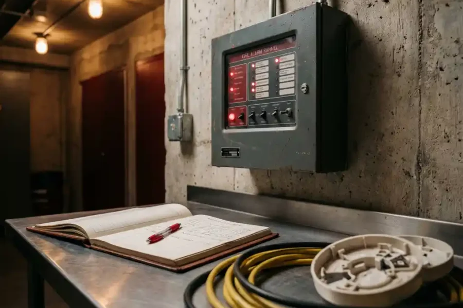 Brandmeldcentrale op betonnen muur naast open onderhoudsdagboek met rode pen, rookmelder en inspectiekabels op voorgrond.