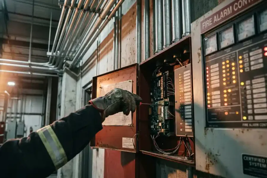 Technicus in handschoen die een circuitmodule aanpast op een brandmeldcentrale met amber en rode indicatielampjes in industriële omgeving.