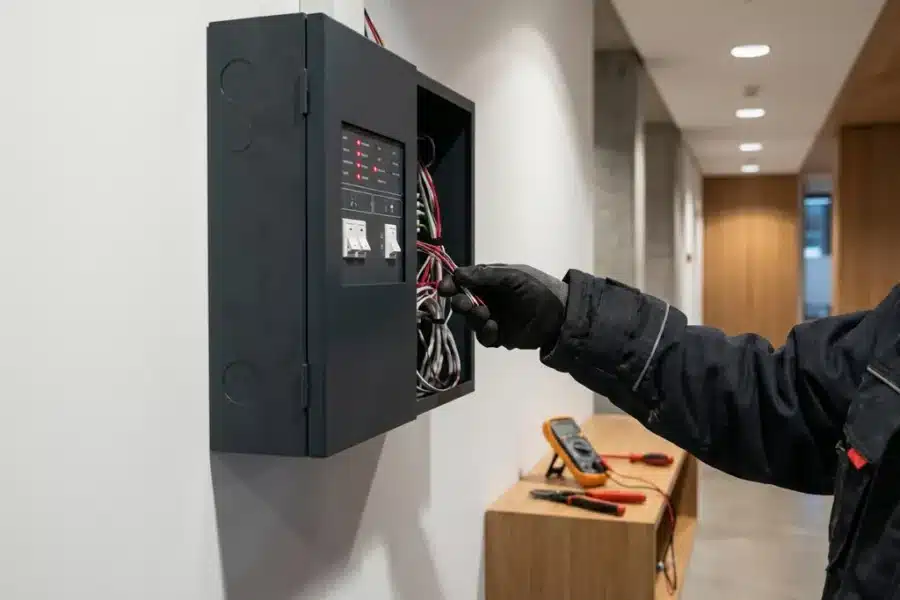 Technicus met handschoen inspecteert bekabeling van brandmeldcentrale op witte muur in modern commercieel gebouw.