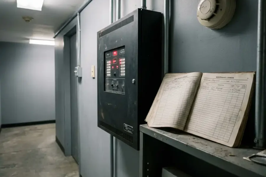 Brandmeldcentrale met rode waarschuwingsindicatoren, opengeslagen ongetekend logboek en stoffige rookmelder op de achtergrond.