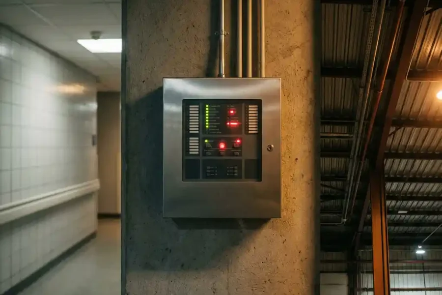 Brandmeldcentrale op muur tussen ziekenhuisgang en industrieel magazijn, in antraciet en signaalrood met warm amberkleurig licht.