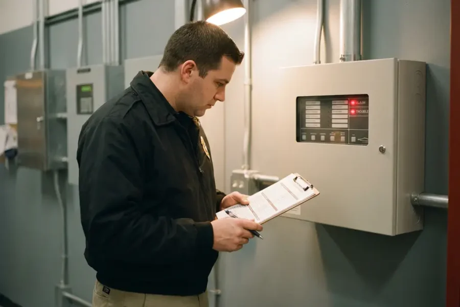 Gecertificeerde veiligheidsinspecteur controleert brandmeldcentrale op industriële wand, klembord met inspectiedocumenten in hand, rode indicatielampjes zichtbaar.