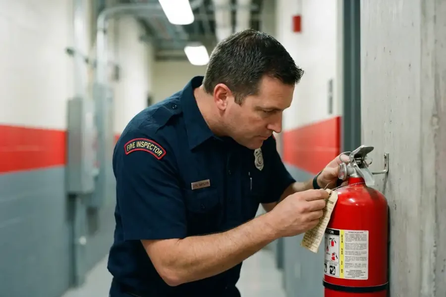 Brandveiligheidsinspecteur in uniform controleert drukmeter en inspectielabel van rode brandblusser in industriële gang.